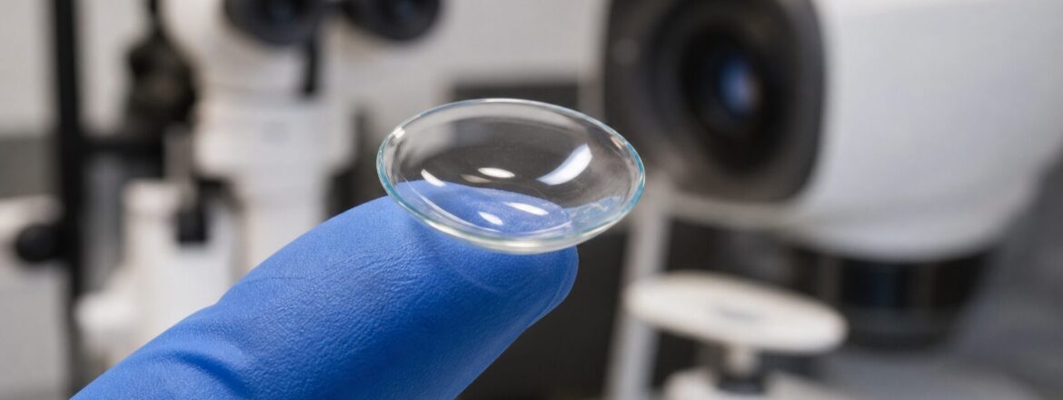 A transparent scleral lens resting on a blue clinical glove with diagnostic equipment in the background