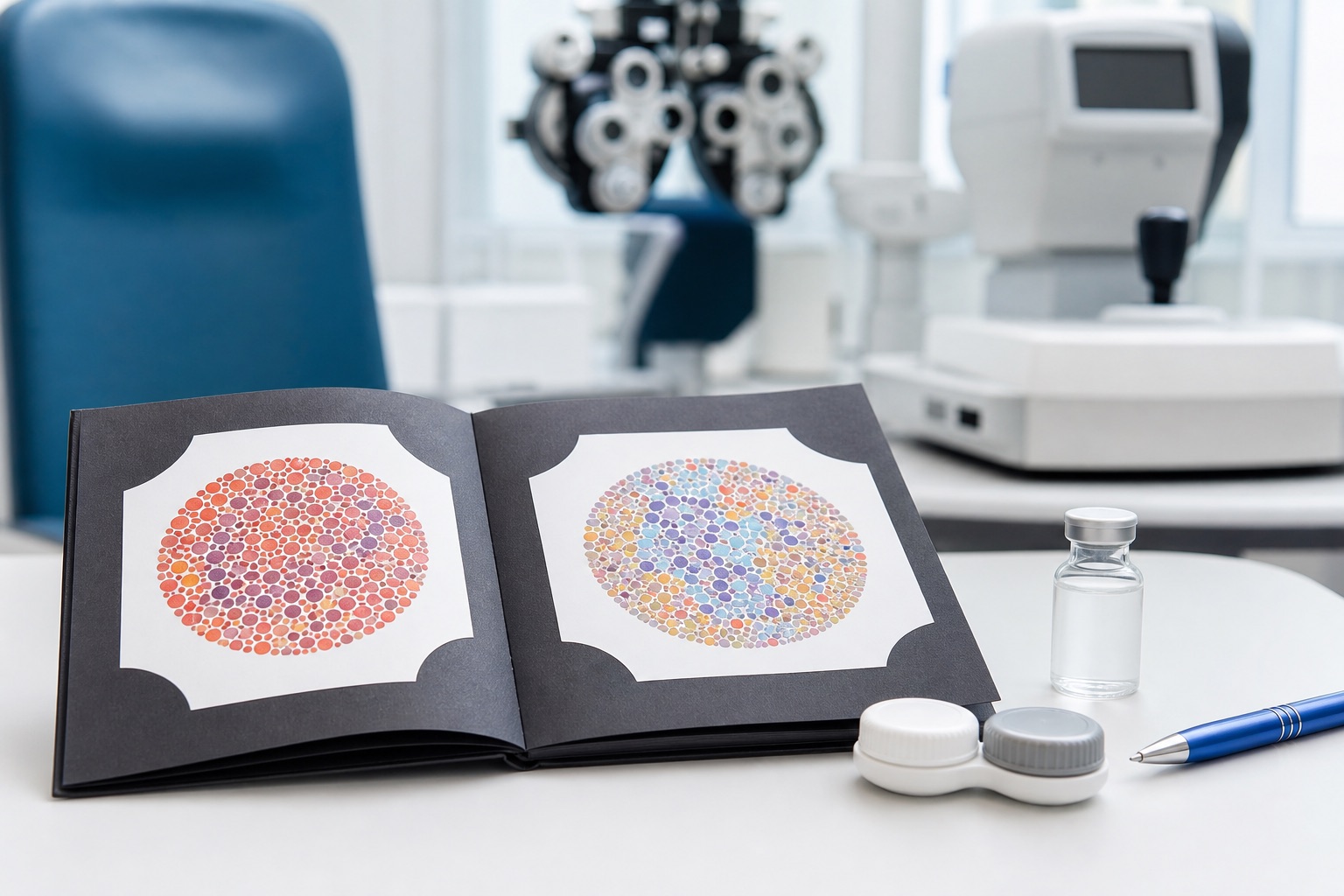 Color vision test booklet and soft contact lens case in an eye examination room