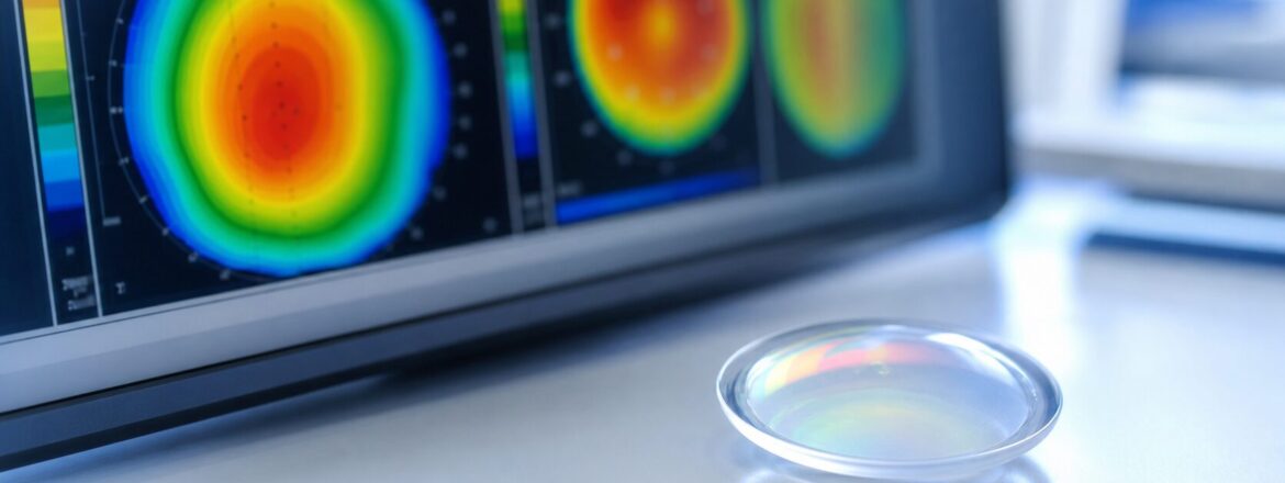 A scleral lens beside a corneal mapping display used for specialty contact lens fitting