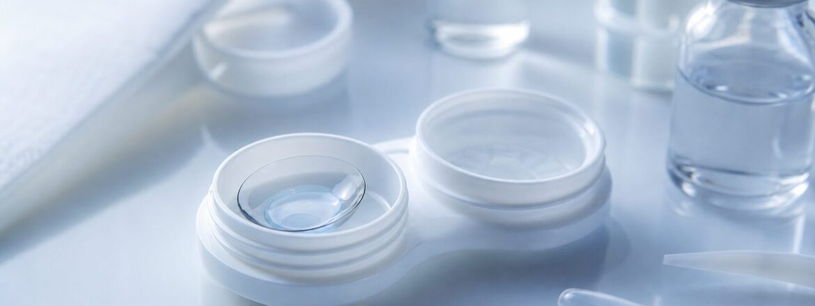 A realistic close-up of a scleral lens in a sterile lens case with saline supplies