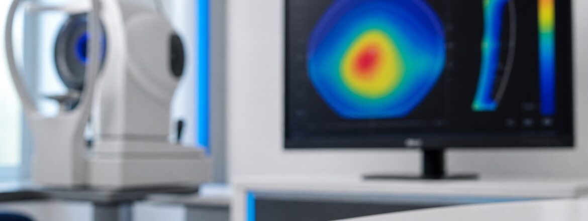 Scleral lens beside corneal topography equipment used in keratoconus evaluation