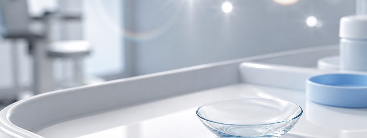 Clear scleral lens on a clinical tray with soft halo and glare reflections in the background