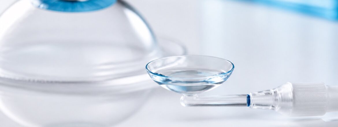 Saline-filled scleral lens on an applicator in a clean clinical setting