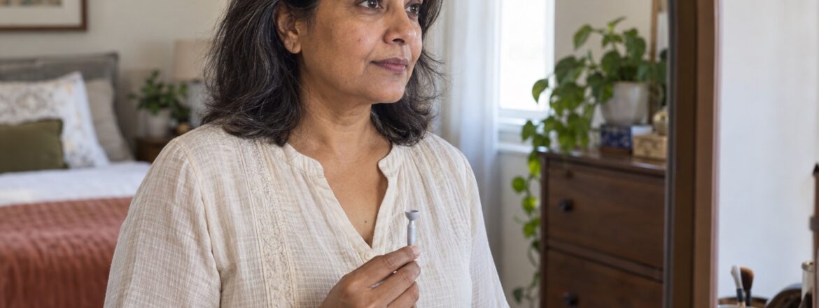 Patient checking a scleral lens in a home mirror after noticing visual discomfort