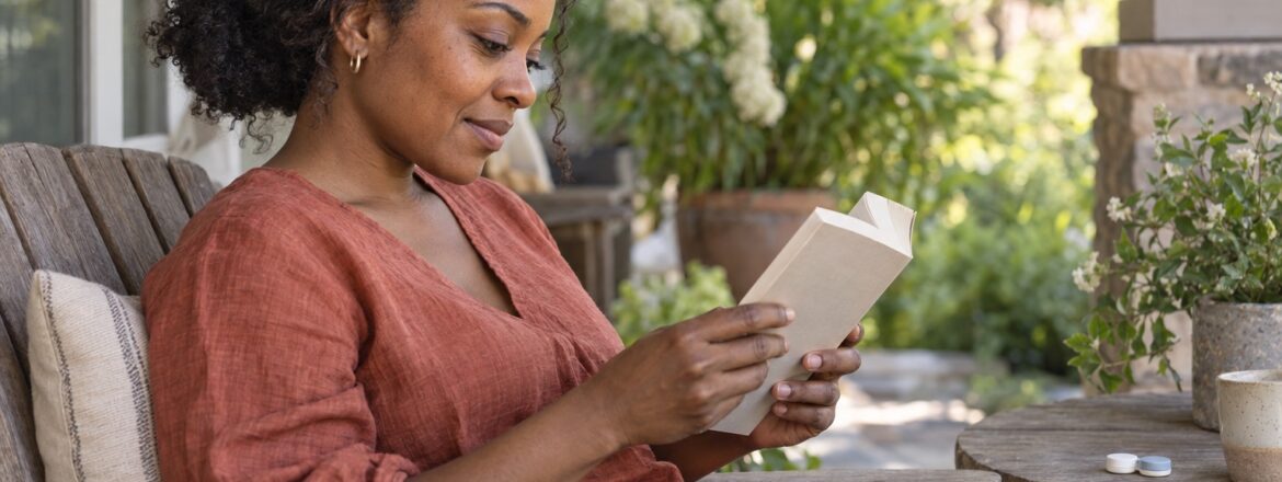 Woman reading comfortably on a shaded patio with a scleral lens case nearby