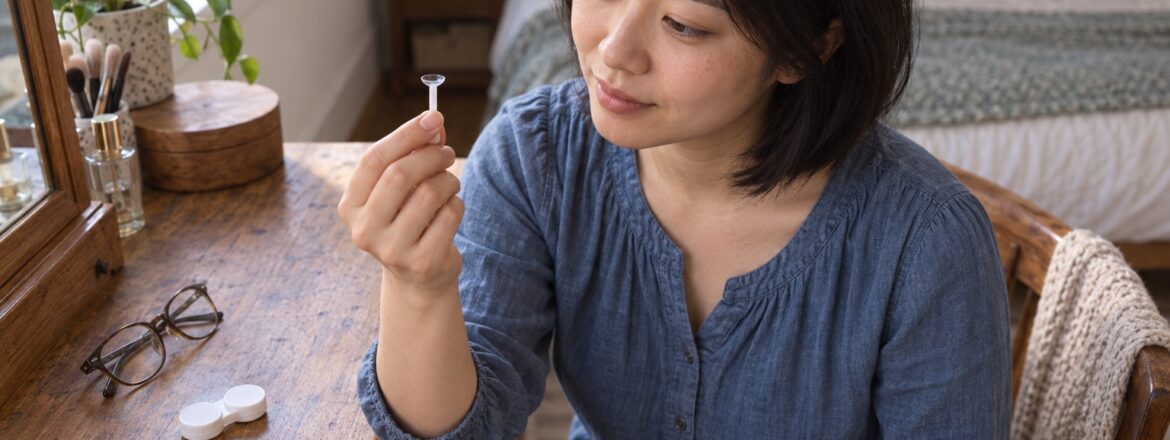 Woman comparing glasses and contact lens supplies with a scleral lens at home