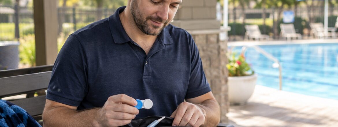 Patient storing a scleral lens case before swimming at an outdoor pool