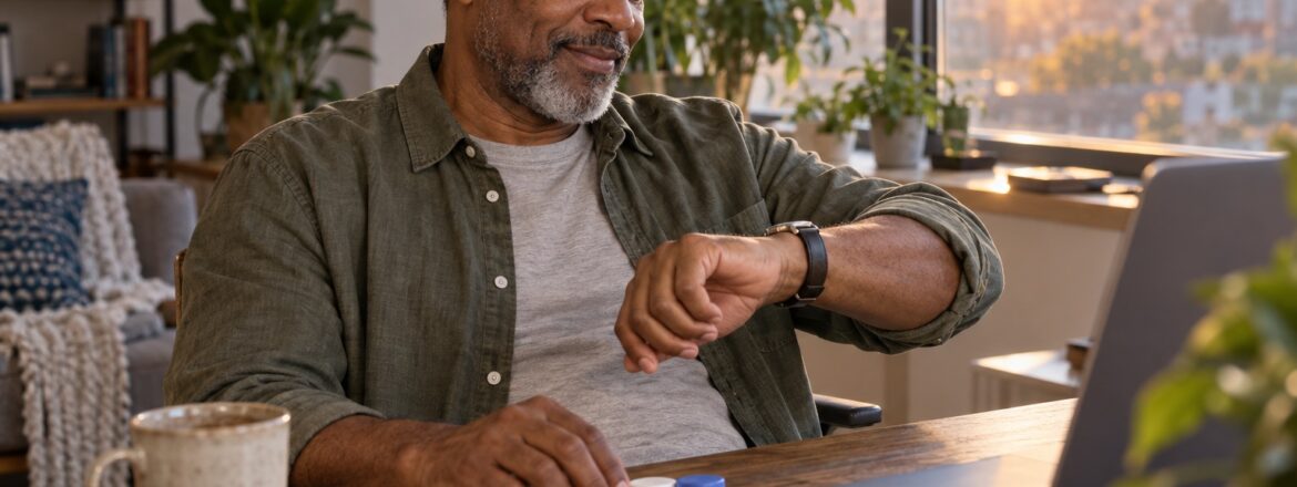 Patient checking the time near a scleral lens case after a day of wear