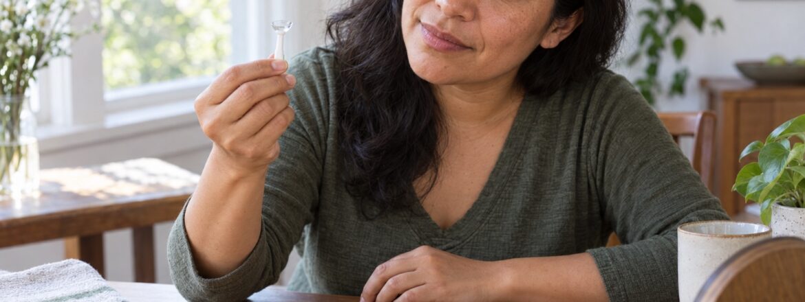 Patient inspecting a scleral lens and lens cases for possible replacement signs