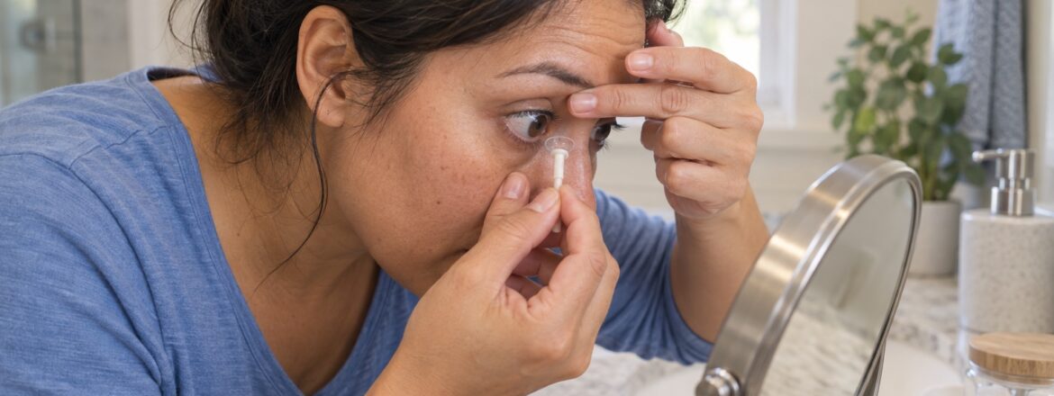 Patient applying a scleral lens with a clean applicator at a home mirror