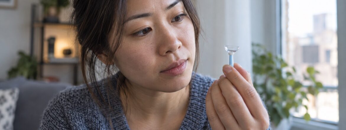 Patient examining a scleral lens while troubleshooting blurry vision at home