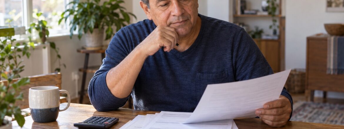 Patient reviewing scleral lens insurance paperwork and a lens case at home