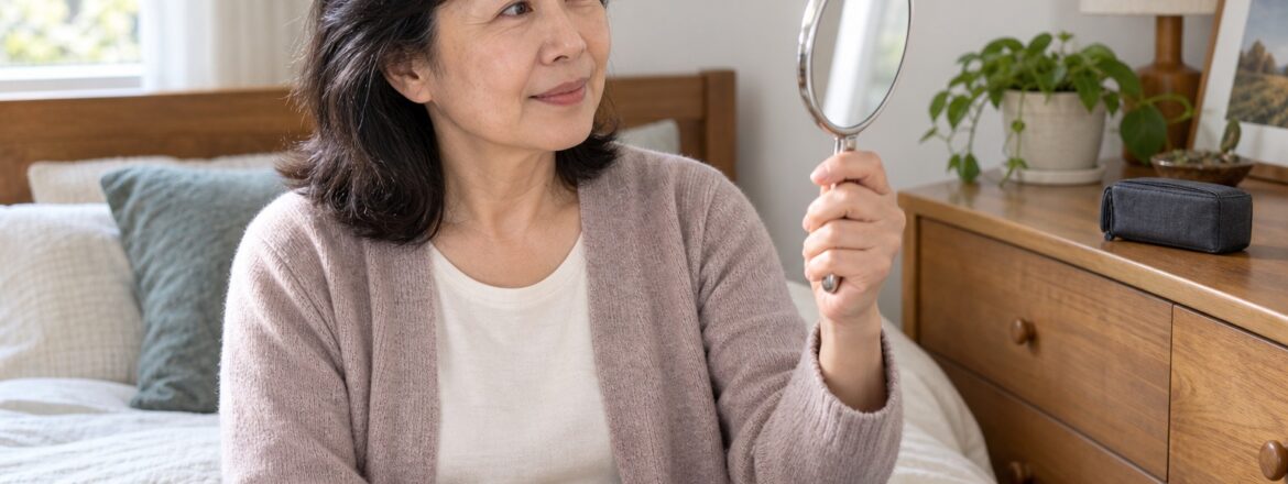 Woman checking her eye from a comfortable distance in a handheld mirror