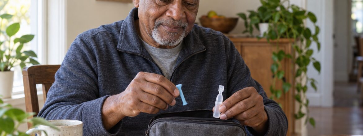 Older man organizing scleral lens supplies into a care pouch at home