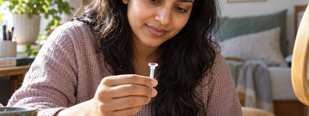 Woman preparing a scleral lens at home after corneal cross-linking