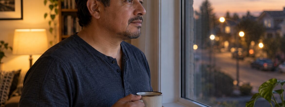 Man looking toward evening lights after LASIK with a scleral lens case nearby