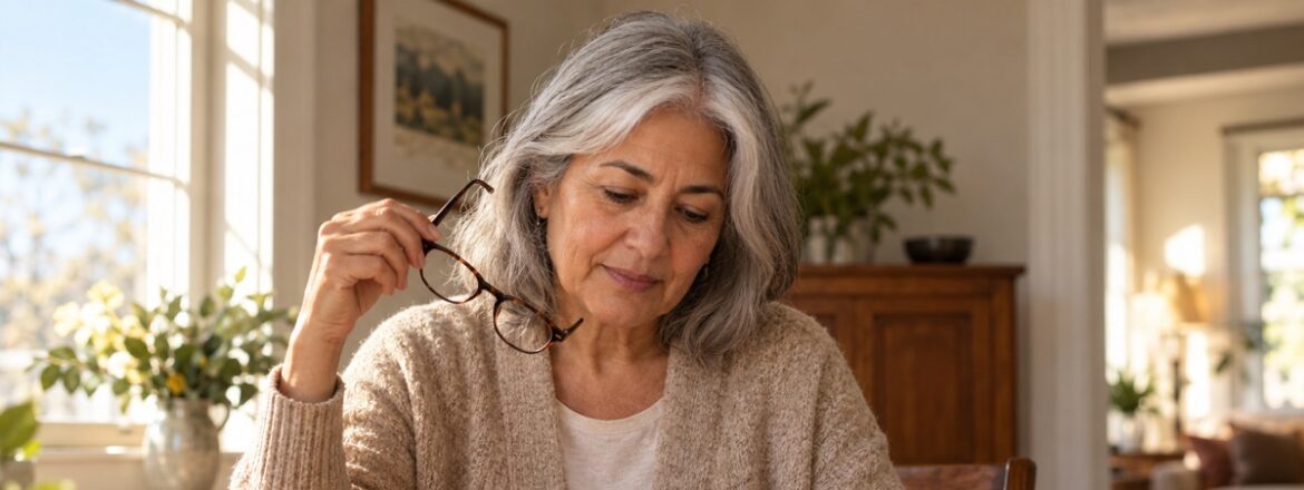 Silver-haired woman holding eyeglasses while looking at a contact-lens case on a table