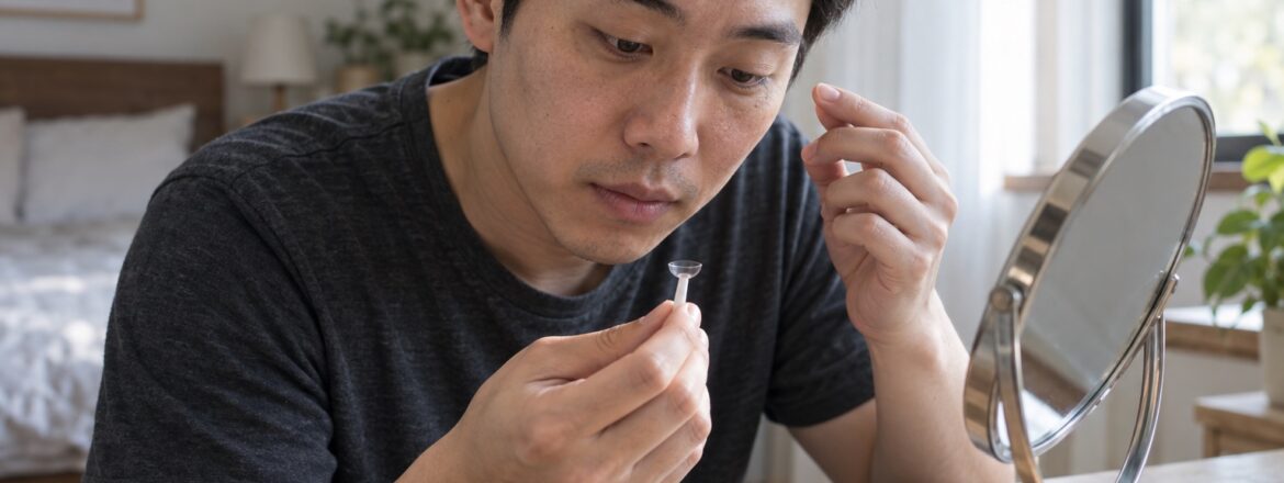 Patient preparing a scleral lens for irregular astigmatism at a home mirror