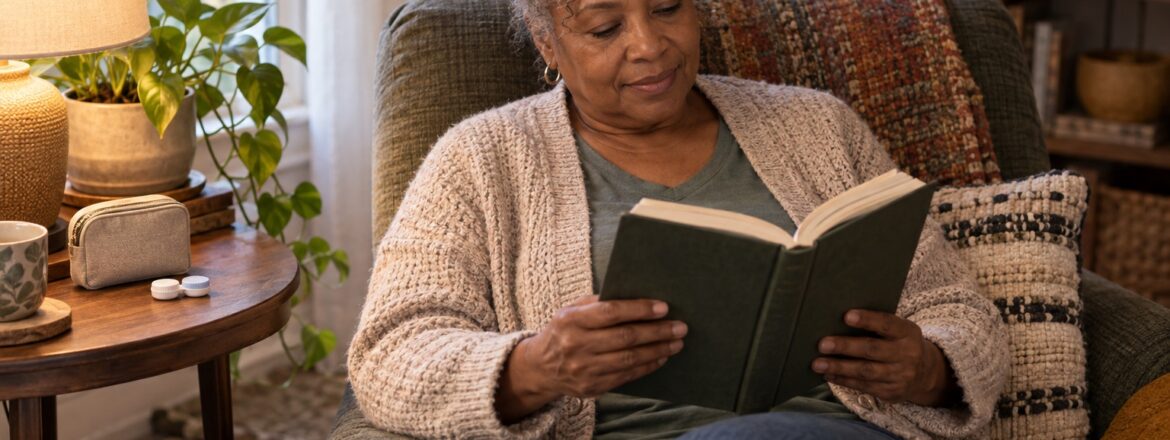 Woman reading at home with a clean scleral lens care kit nearby