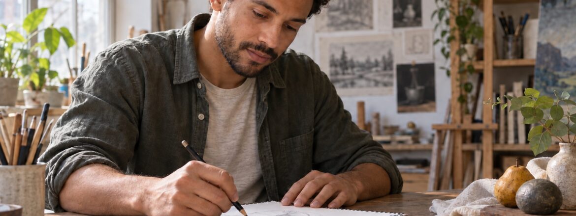 Man sketching in a daylight art studio with a scleral lens case nearby