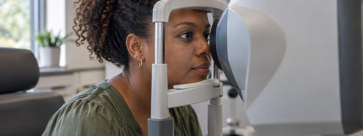 Patient completing wavefront eye measurements before a scleral lens fitting