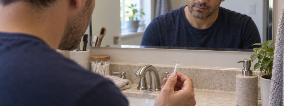 Man preparing custom left and right scleral lenses at a home mirror
