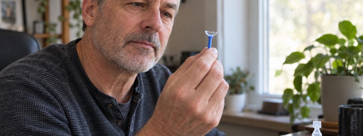 Man inspecting a scleral lens at home while troubleshooting fogging and dry eye
