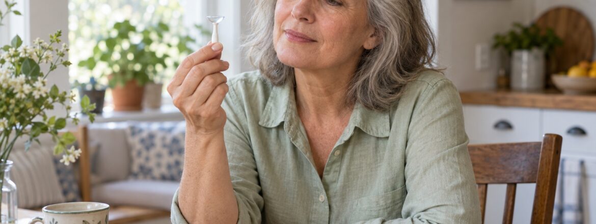 Woman considering scleral lenses at home with her glasses and a lens applicator