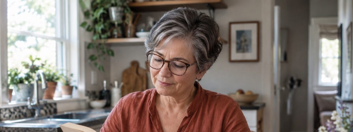 Woman wearing reading glasses while reading a paperback at a kitchen table