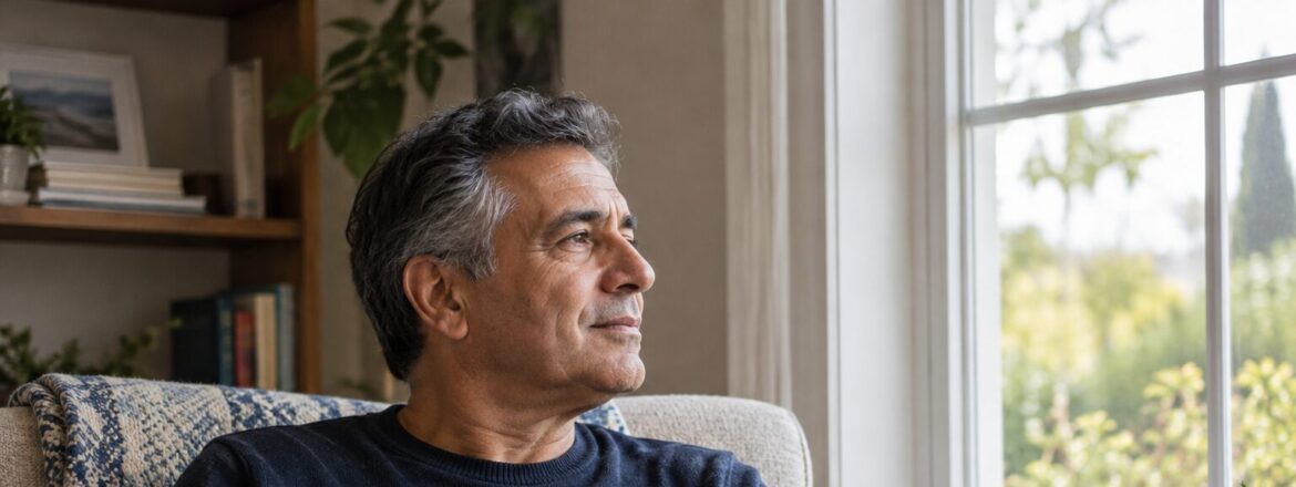 Man seated beside a window with a closed book resting on his lap.