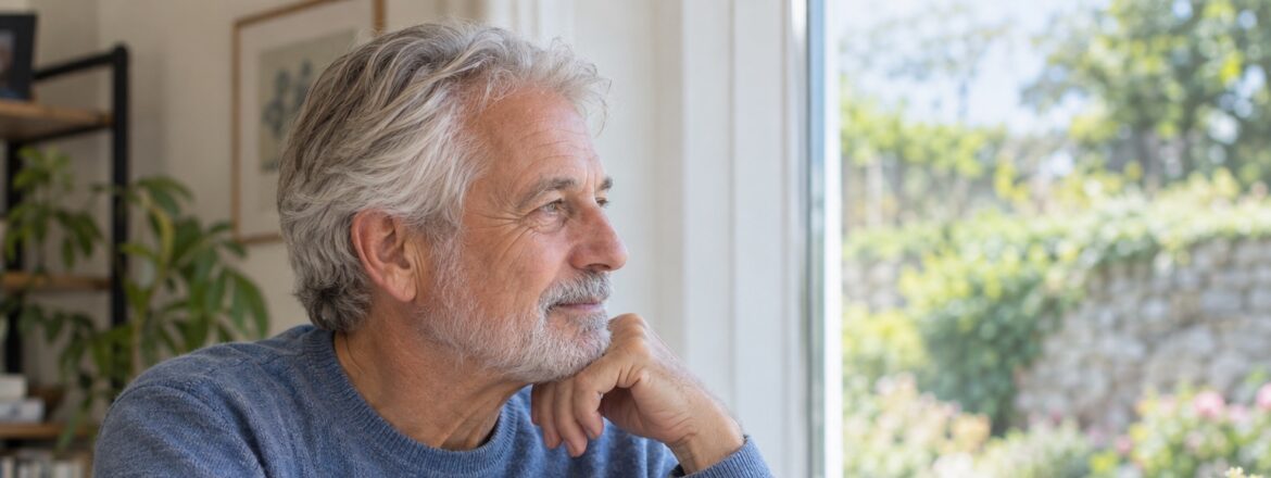 Silver-haired man seated beside a home window with eyeglasses and a closed lens case nearby