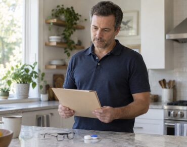 Man holding a plain folder at a kitchen counter with glasses and a closed lens case nearby.