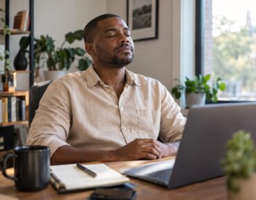 Man taking a screen break with his eyes closed at a home-office desk.