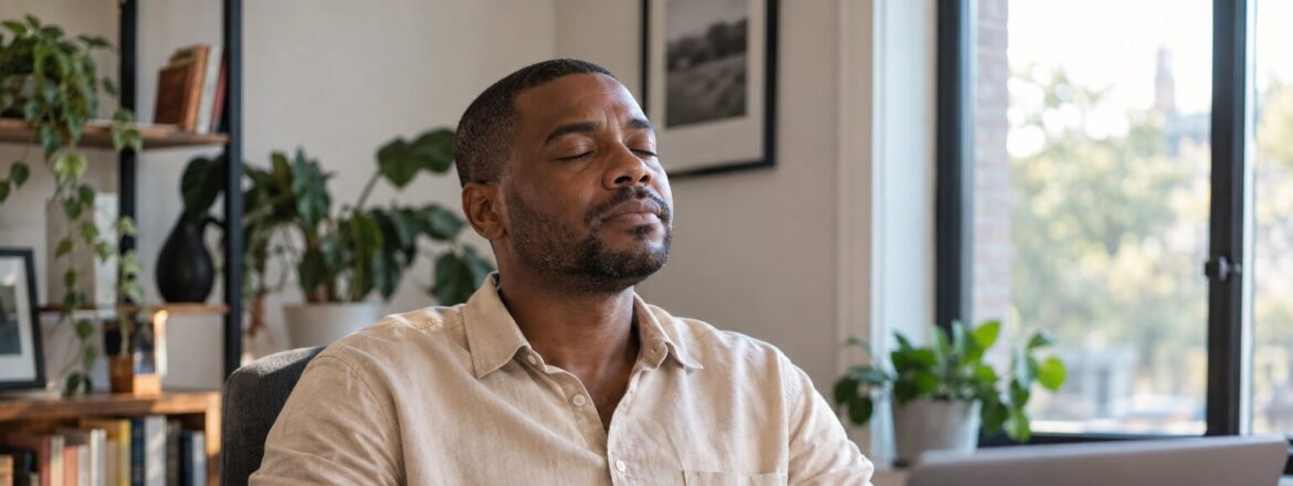 Man taking a screen break with his eyes closed at a home-office desk.