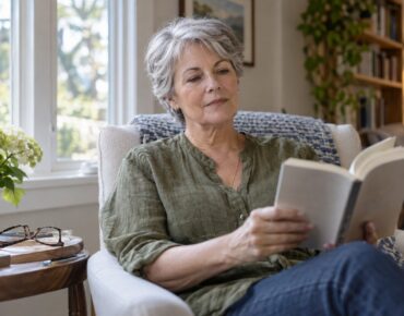 Woman reading a paperback beside a window with her glasses on a side table.