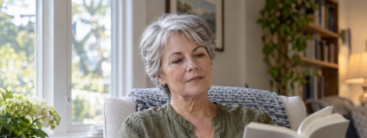 Woman reading a paperback beside a window with her glasses on a side table.
