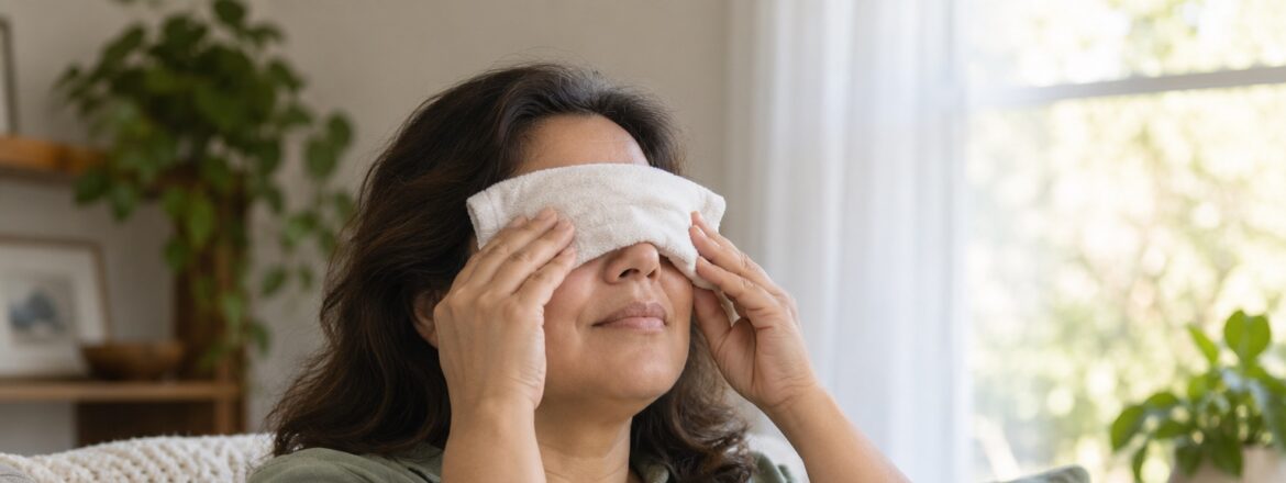 Woman gently holding a clean folded compress over closed eyelids while sitting at home