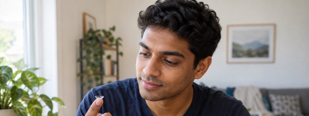 Man examining a small transparent contact lens on his fingertip at a home table